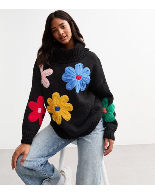 Gini London Blue Flower Patch Roll Neck Jumper New Look