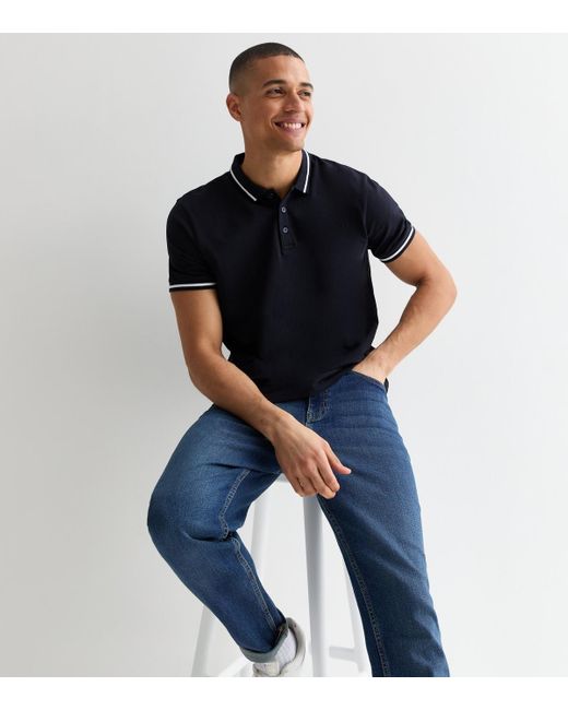 New Look Blue Contrast Cotton Polo Top for men