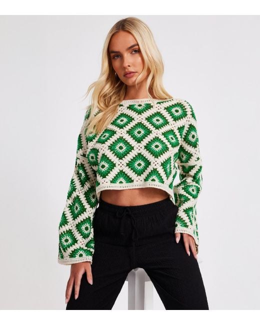 Quiz Green Crochet Crop Top New Look