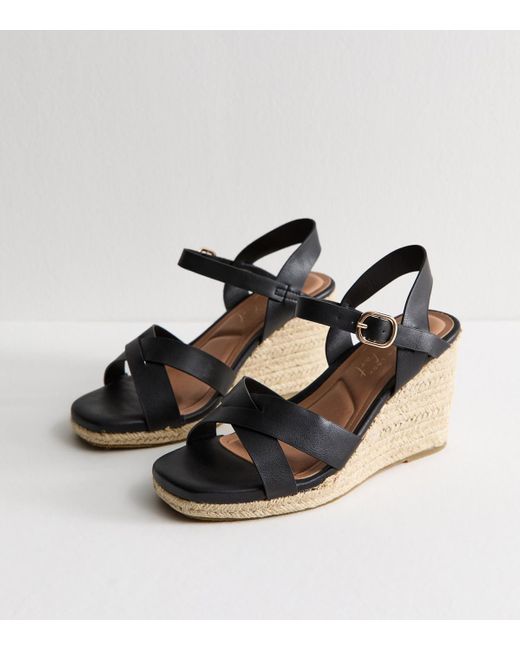 New Look Black Extra Wide Fit Faux Leather Crossover Strap Wedge Sandals Vegan