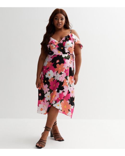 New Look Red Plus Size Floral Cold Shoulder Wrap Midi Dress Curves