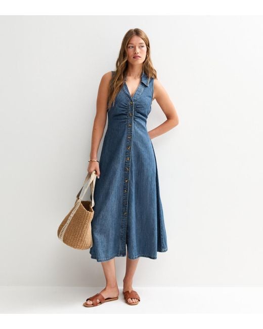 New Look Blue Denim V-Neck Button Front Dress
