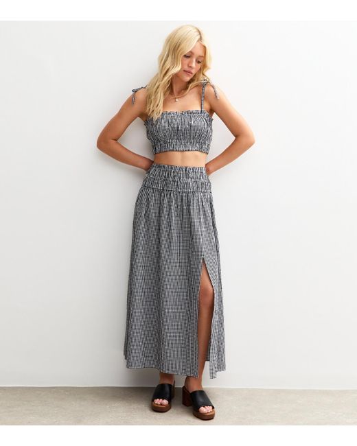 New Look Blue Gingham Check Slit Hem Maxi Skirt