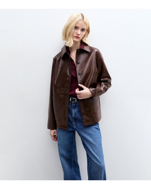 New Look Blue Button Up Faux Leather Jacket