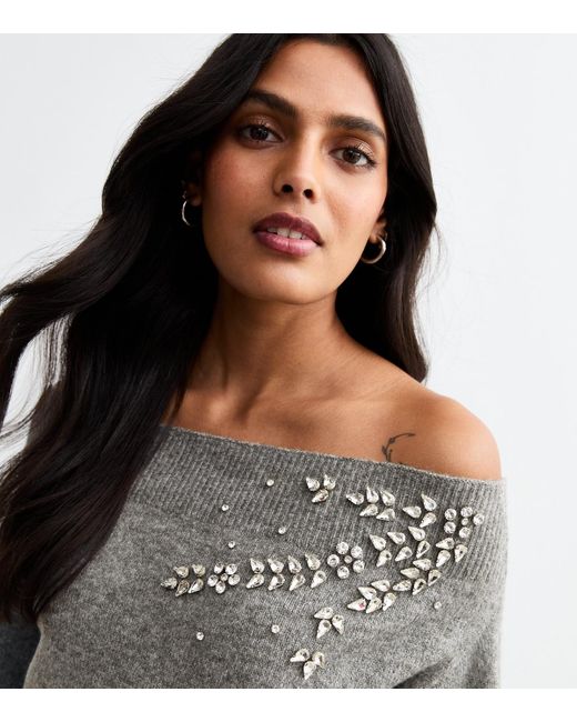 New Look Gray Embellished Off Shoulder Bardot Jumper