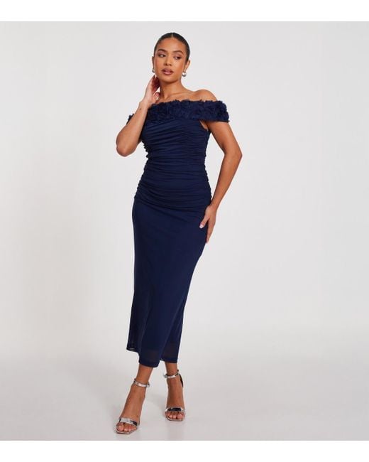 Quiz Blue Petite Floral Appliqued Bardot Mesh Midi Dress New Look