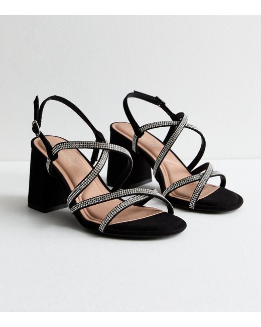 New Look Black Wide Fit Diamanté Strappy Block Heel Sandals