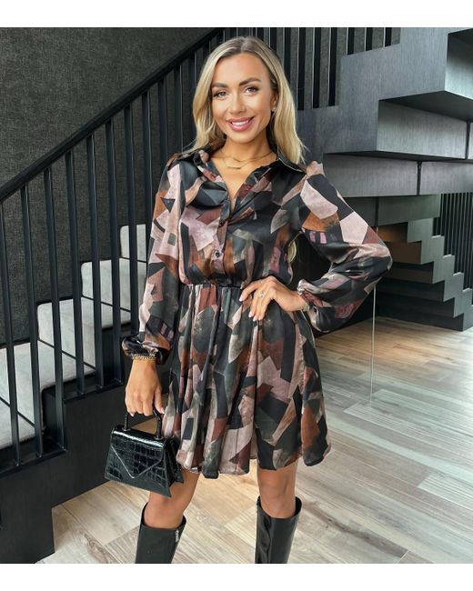 AX Paris Gray Multicoloured Abstract Print Satin Skater Dress New Look