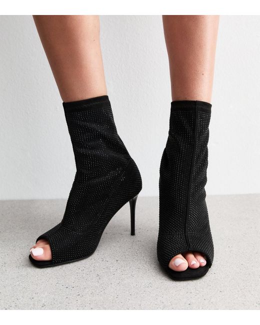 New Look Black Wide Fit Embellished Peep Toe Ankle Boots Vegan