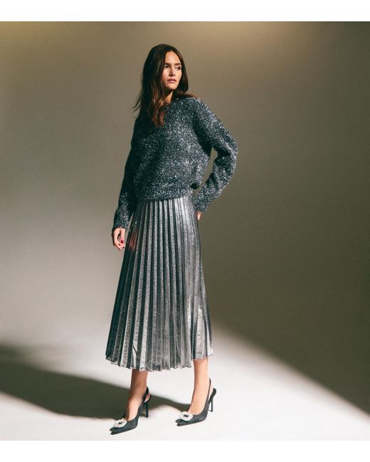 New Look Green Shimmer Pleated Midi Skirt
