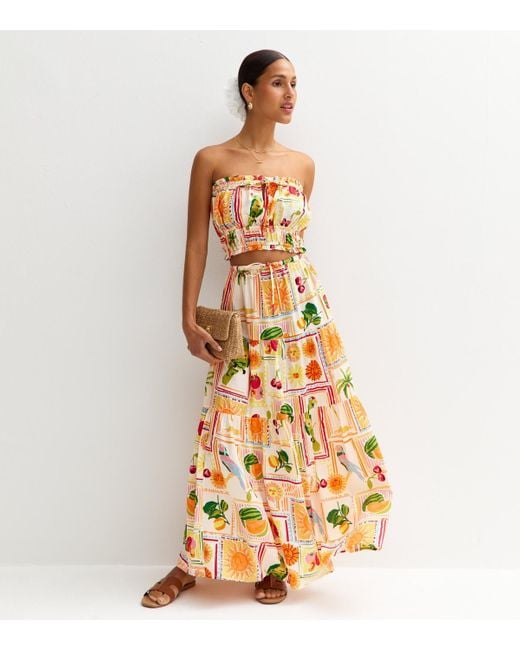 New Look Metallic Multicoloured Fruit Print Tiered Maxi Skirt