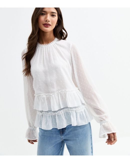 New Look White Chiffon Frilly Trim Blouse