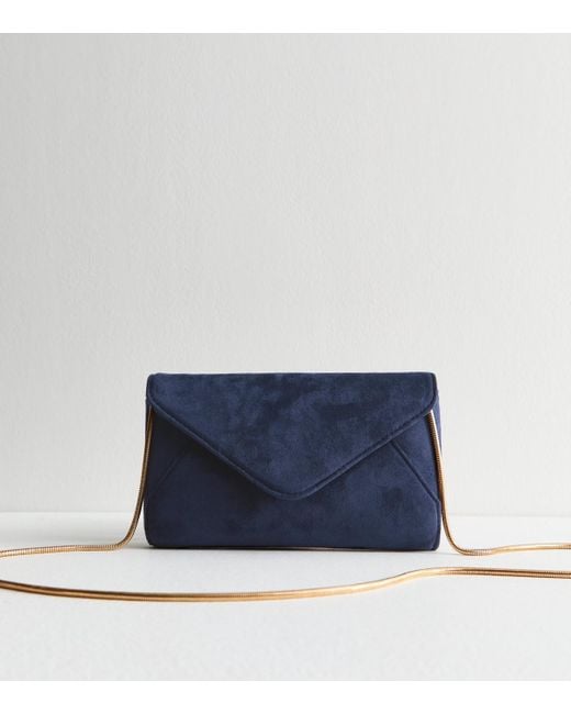 New Look Blue Faux Suede Chain Strap Clutch Bag