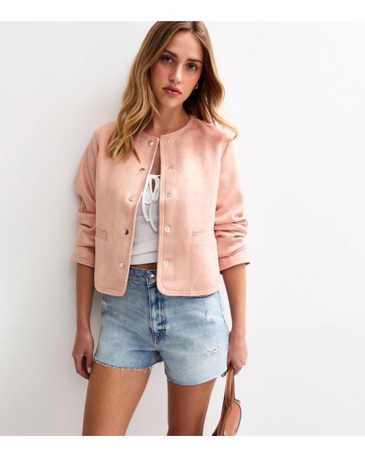 New Look Pink Faux Suede Collarless Jacket