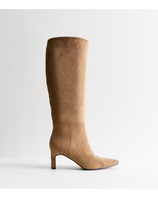 New Look Brown Kitten Heel Faux Suede Knee High Boots