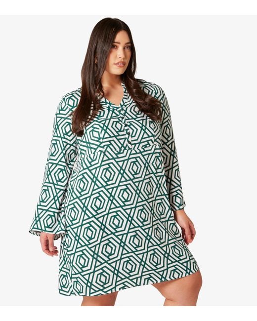 Apricot Blue Plus Size Geometric Print Flared Sleeve Mini Dress Curves New Look