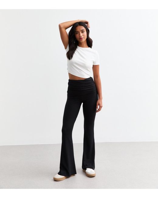 New Look White Petite Ribbed Folded Waist Flared Trousers