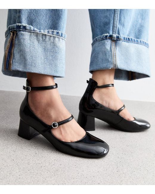 New Look Blue Patent Leather-Look Block Heel Mary Jane Shoes Vegan