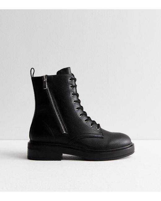 New Look Black Leather-Look Lace Up Chunky Biker Boots