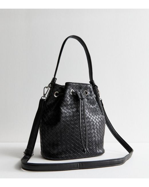 New Look Black Leather Look Woven Bucket Bag Vegan