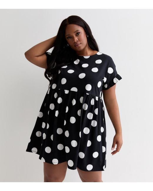 New Look Black Plus Size Spot Print Short Frill Sleeve Mini Smock Dress Curves