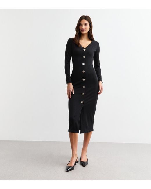New Look Black Ribbed Button Detail Midi Dress