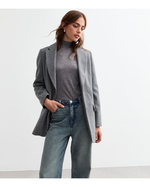 New Look Gray Textured Single Breasted Oversized Blazer