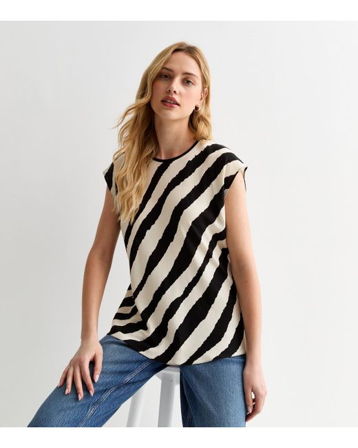 New Look Blue Off Diagonal Stripe Cap Sleeve Top