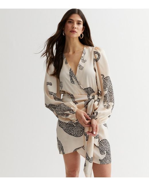 New Look Brown Leopard Print Satin Puff Sleeve Mini Wrap Dress