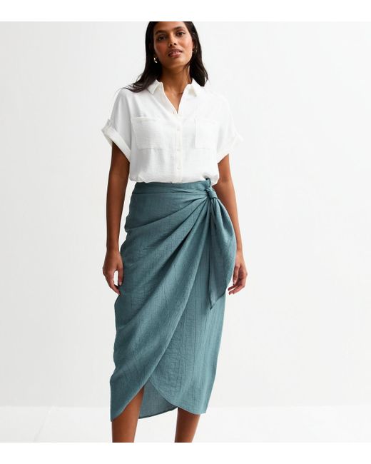 New Look Blue Crinkled Sarong Midi Skirt