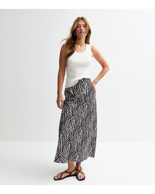 New Look Black Zebra Print Bias Cut Satin Skirt