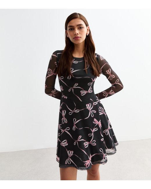 New Look Black Bow-Print Long Sleeve Mesh Skater Dress