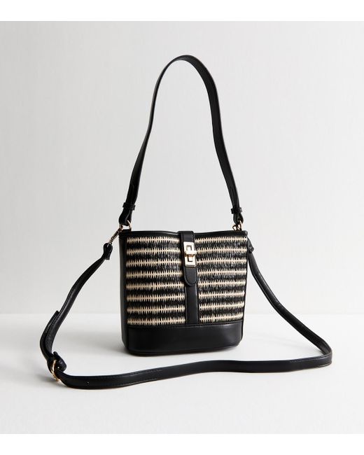 New Look Black Faux Leather Twist Lock Raffia Look Stripe Bucket Bag