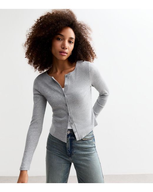 New Look Gray Rib Crew Neck Cardigan