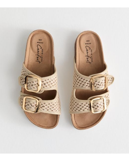 New Look Natural Wide Fit Cream Raffia Look Double Strap Sandals Vegan