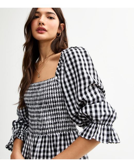New Look Black Gingham Shirred Midi Dress