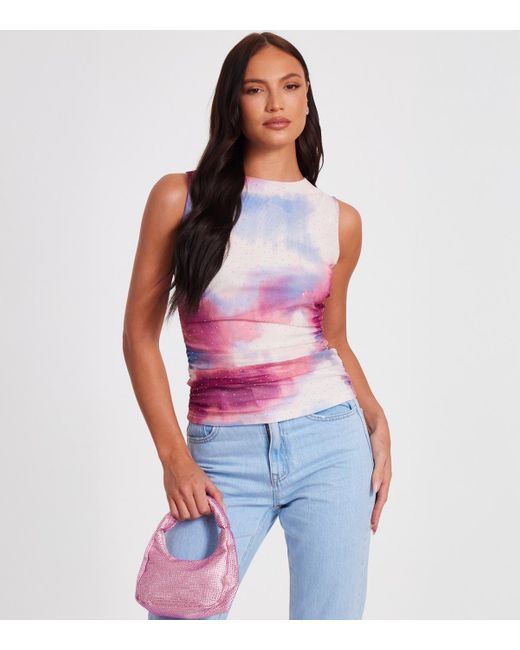 Quiz Red Diamanté Tie-Dye Print Crop Top New Look