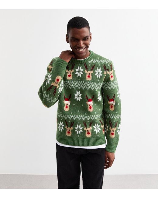New Look Green Regular Christmas Reindeer Jumper for men