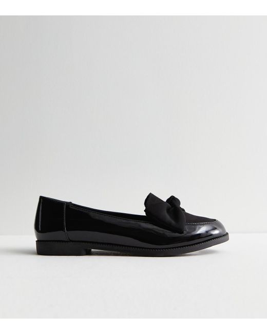 New Look Black Patent Suedette Bow Loafers