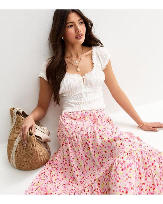 New Look Pink Floral Print Tiered Midi Skirt