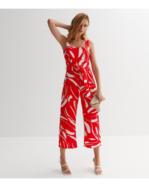 New Look Red Abstract Tie Waist Crop Jumpsuit