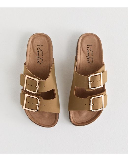 New Look Natural Wide Fit Light Suedette Double Strap Sliders Vegan