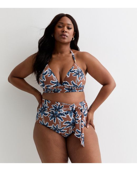 New Look Brown Plus Size Palm Tree Print Halterneck Bikini Top Curves
