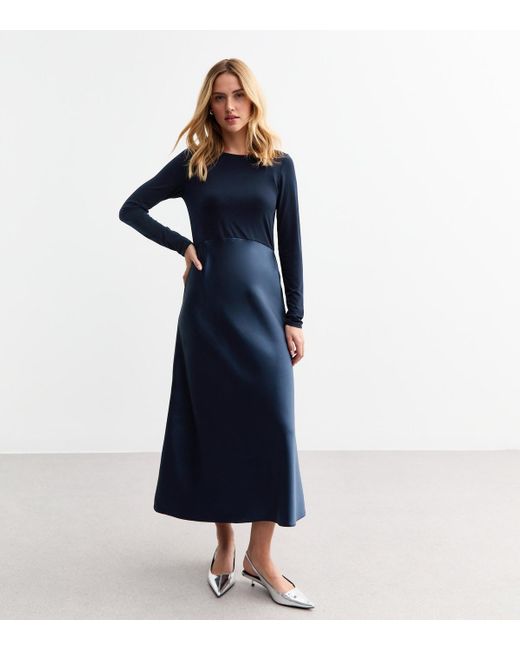New Look Blue 2-In-1 Bias Cut Satin Midi Dress
