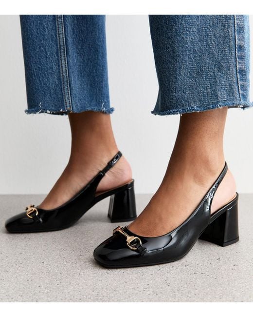 New Look Black Faux Patent Snaffle Detail Block Heel Slingback Pumps Vegan