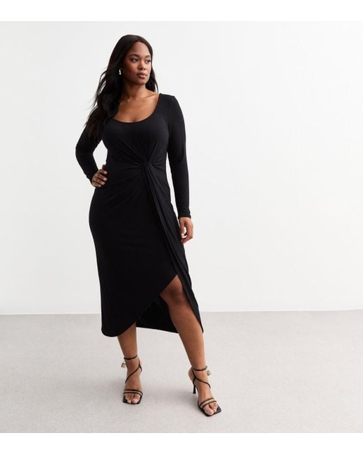 New Look Black Plus Size Ribbed Knot Front Long Sleeve Dress Curves