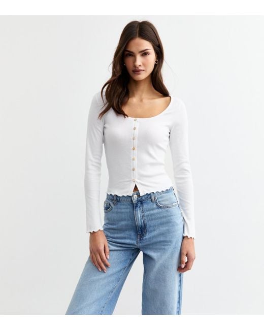 New Look White Ribbed Button Detail Long Sleeve Top