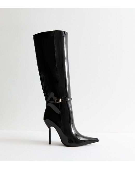 New Look Black Patent Stiletto Heel Knee High Boots Vegan