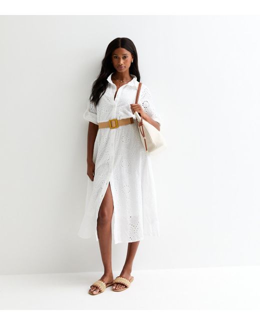 Cameo Rose White Embroidered Button-Front Belted Midi Dress New Look
