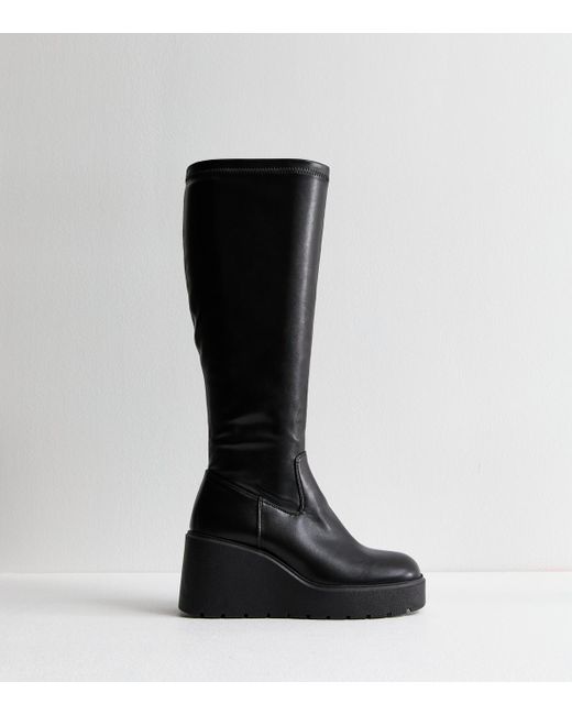 New Look Black Wide Fit Faux Leather Wedge Heel Boots Vegan